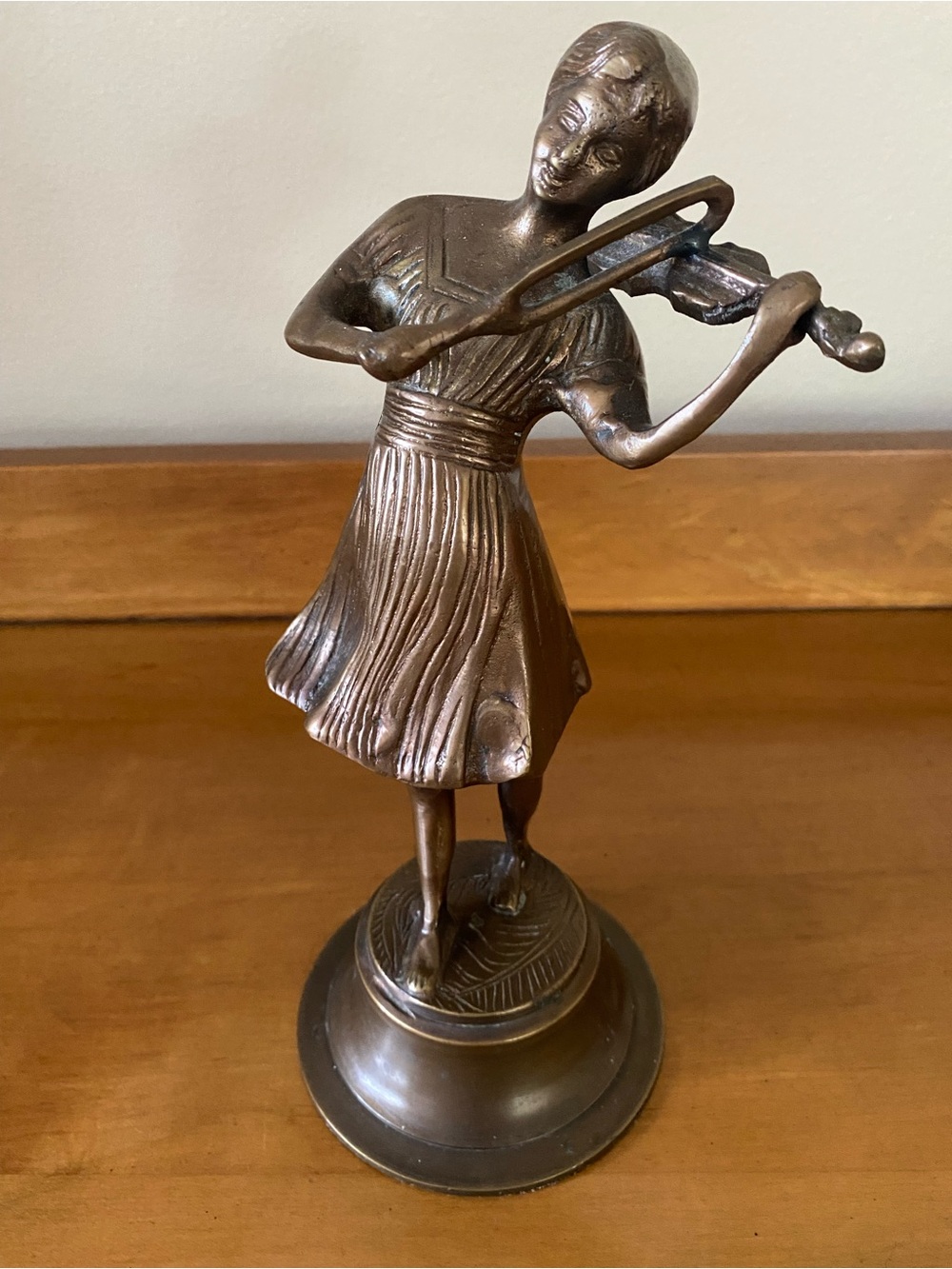 Vintage Brass Statue Figurine Girl Playing Violin On Brass Base